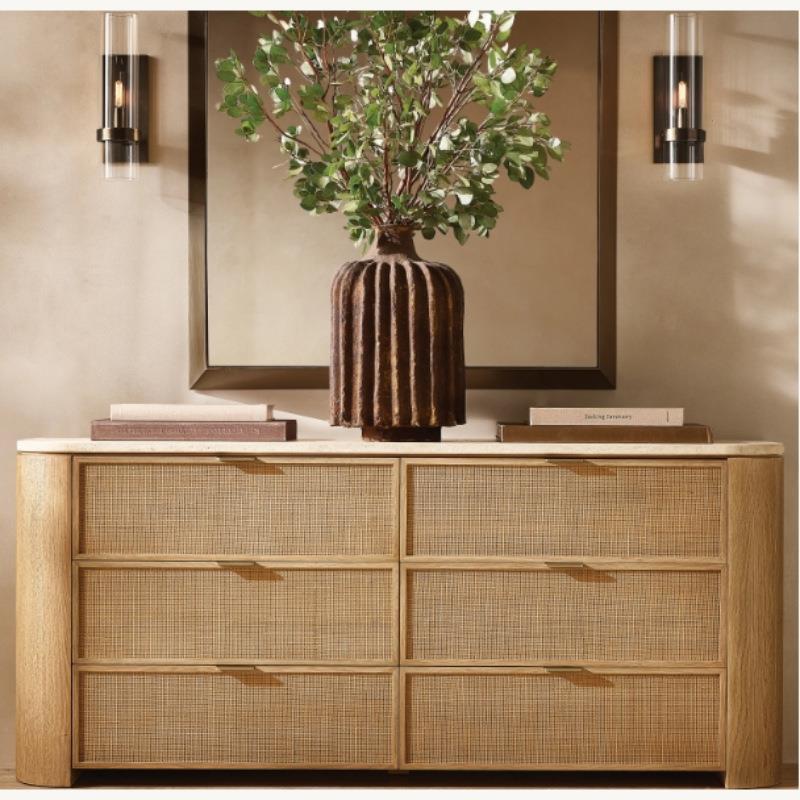 RH美式简约实木卧室储物收纳六斗柜洞石台面客厅外贸工厂出口家具