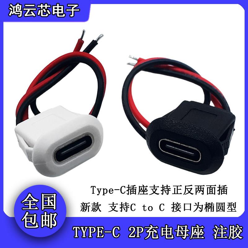 TypeC母座2P注胶防水台灯电器改装DIY电动车汽车椭圆带线充电接口图片