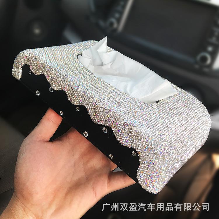 厂家镶钻纸巾盒皮革车载摆件车用抽纸盒创意坐式扶手箱抽纸盒