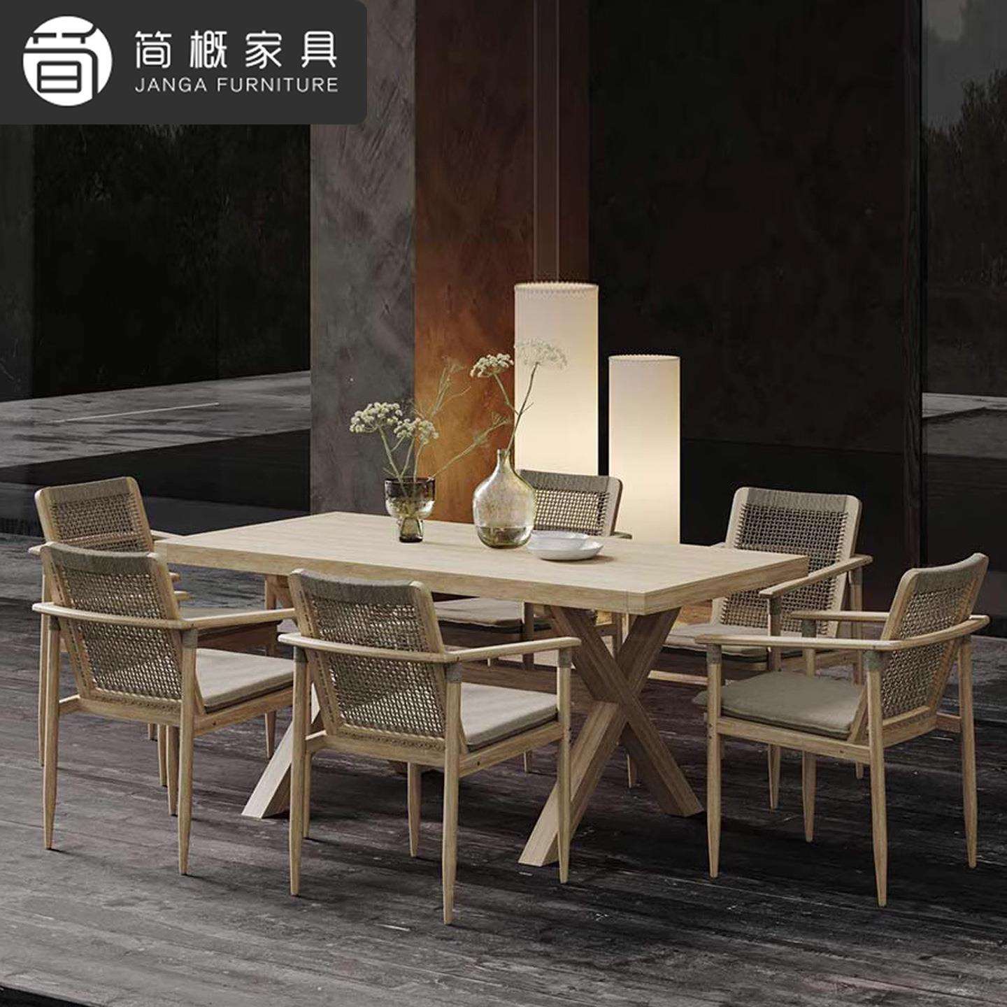 户外别墅高端柚木桌椅庭院露台实木长桌防腐防晒花园餐厅藤餐桌椅