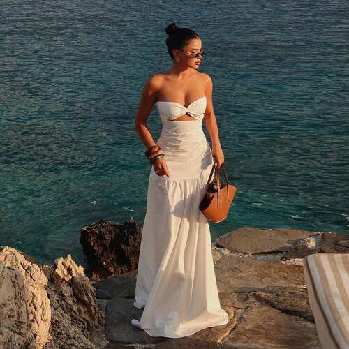 Women's Plain Ruched Tube Dress Solid Strapless A Line