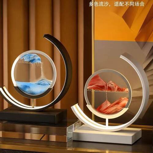 跨境床头3D流沙画双灯带LED超亮夜灯卧室中国风装饰玻璃沙漏台灯