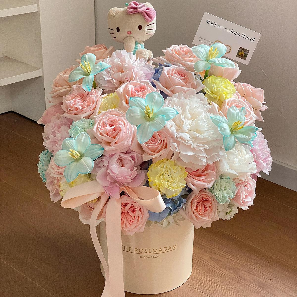 情人节520银色抱抱桶套四花桶礼品盒圆形花束插花盒花店材料用品