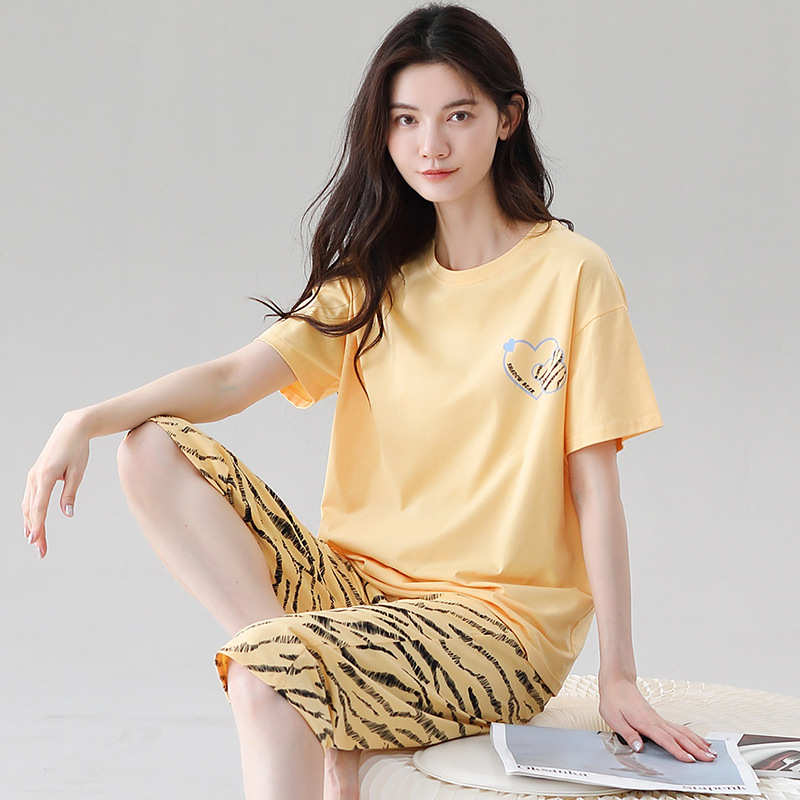睡衣女士夏季爽棉短袖七分裤休闲舒适中青年薄款可外穿家居服套装