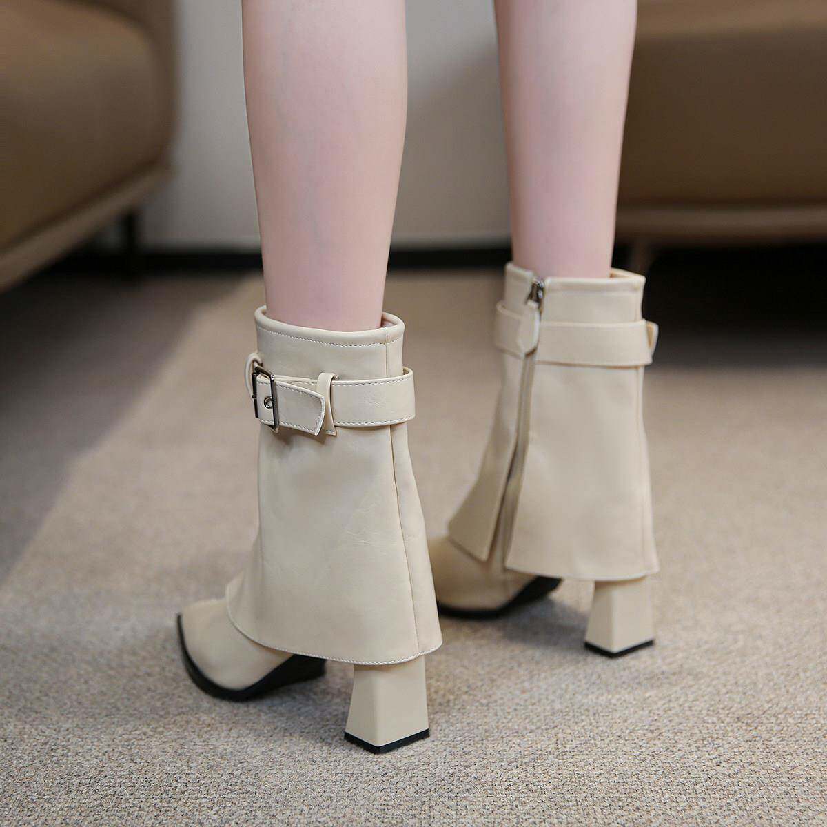 QVU~专柜品质！欧美风时尚短筒靴秋冬款尖头粗跟高级感设计时装靴