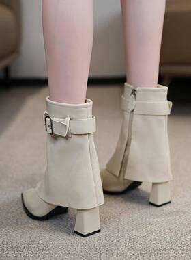 QVU~专柜品质！欧美风时尚短筒靴秋冬款尖头粗跟高级感设计时装靴