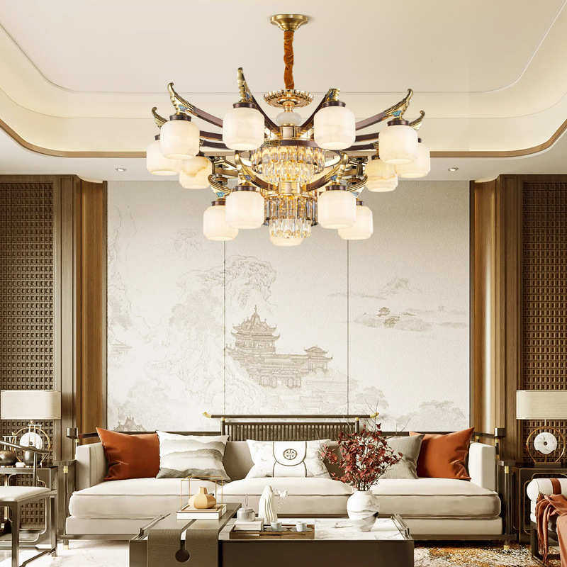 新中式客厅吊灯高级感别墅大厅主灯高端大气全铜玉石复式楼大吊灯,家装灯饰光源,客厅吊灯,淘宝优惠券,粉丝福利购,淘宝优惠卷