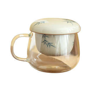 家用釉过滤下盖办公喝水水杯彩带式竹子杯冰杯中泡茶手绘台玻璃