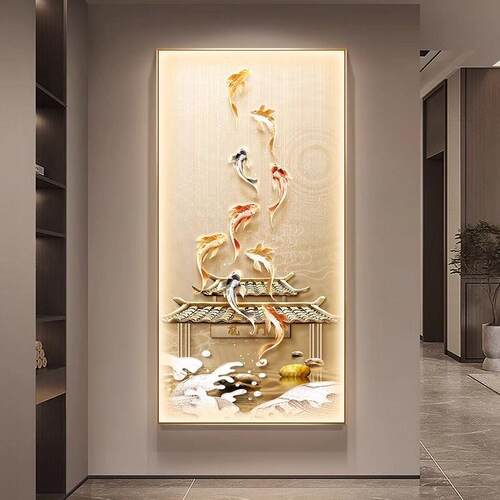 九鱼图玄关装饰画现代轻奢鲤鱼跃龙门走廊过道挂画入户门壁画灯画