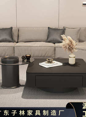 简黑色简约式现代北欧极岩奢正方形茶几意组合轻客厅板小户型