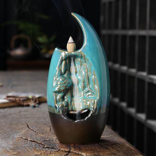 跨境 陶瓷双面倒流香薰炉左右逢源瀑布观赏回流香炉家居摆件