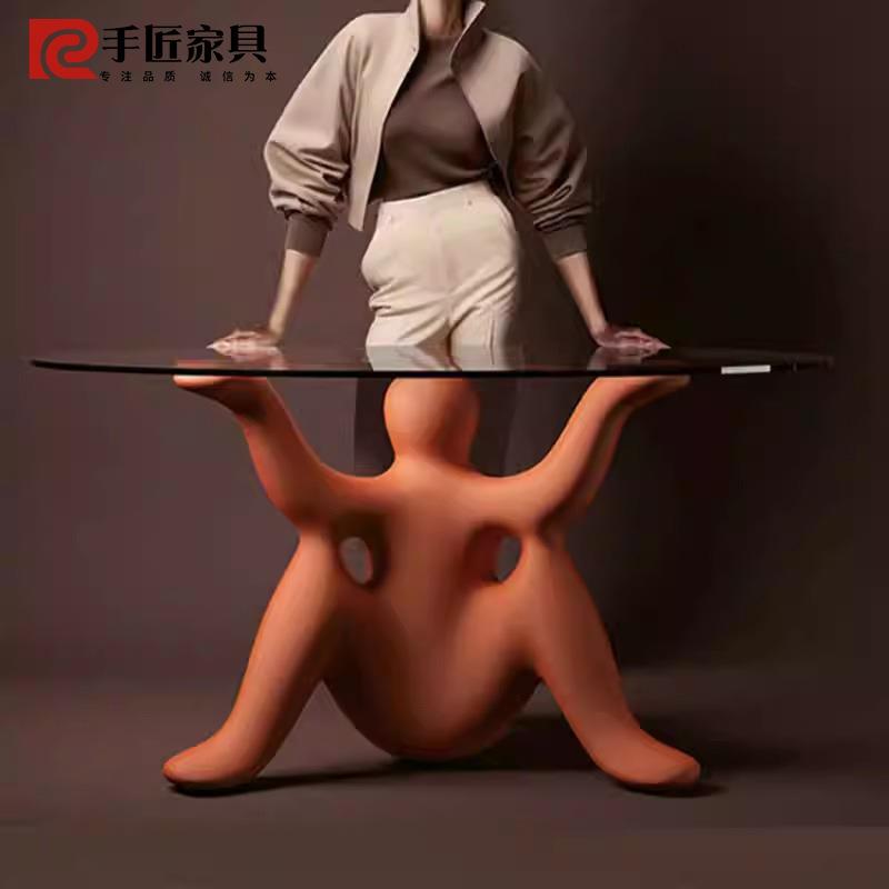 意大利轻奢玻璃钢异形餐桌圆桌设计师款别墅章鱼造型玻璃洽谈桌子