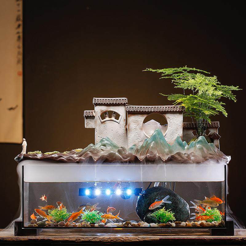 创意假山流水摆件喷泉大号玻璃鱼缸水族灯循环水家居客厅玄关装饰