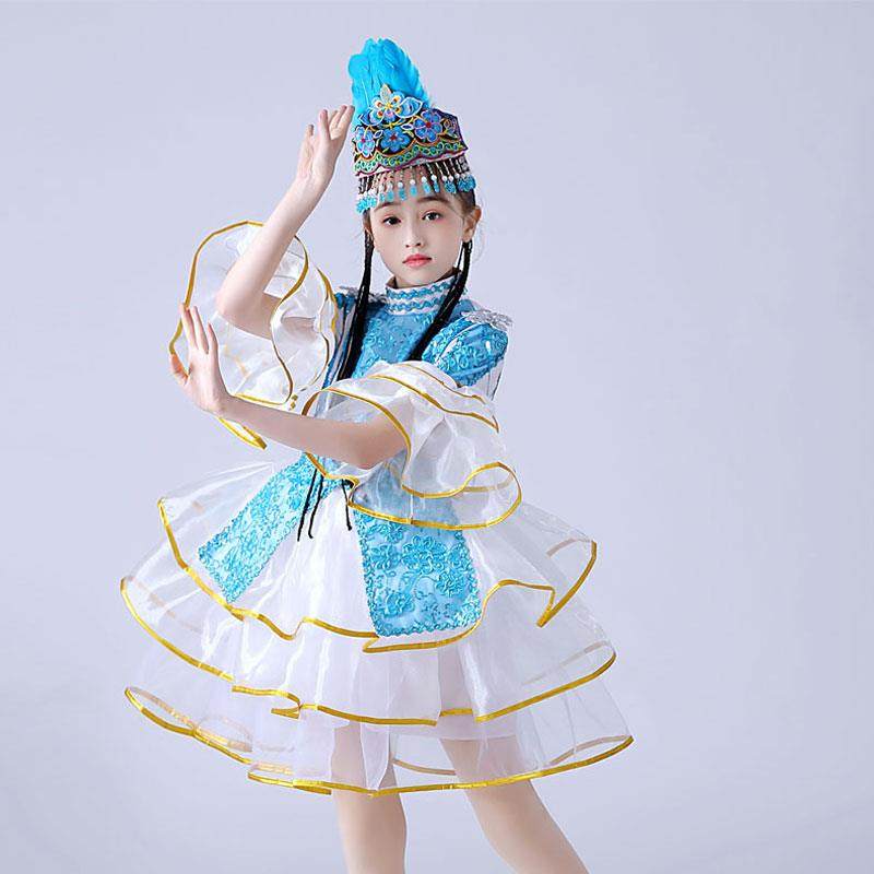 高档新疆舞蹈演出服儿童童少数民蹈族萨哈克女族服装女维吾族舞演