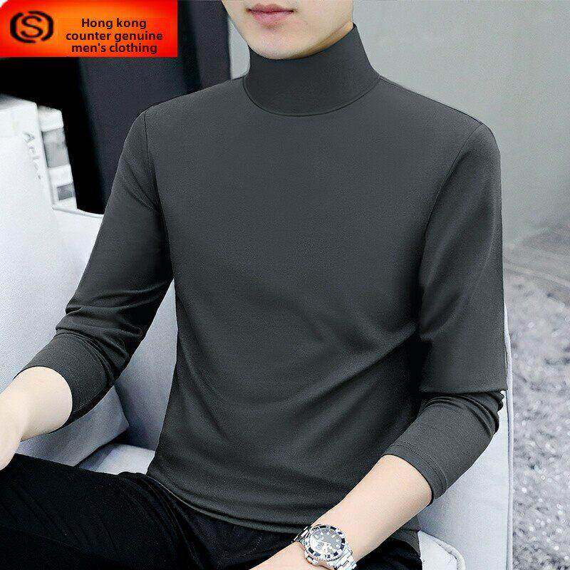 半高领t恤长袖男纯棉春秋冬季中领秋衣光版体桖高级感男士打底衫
