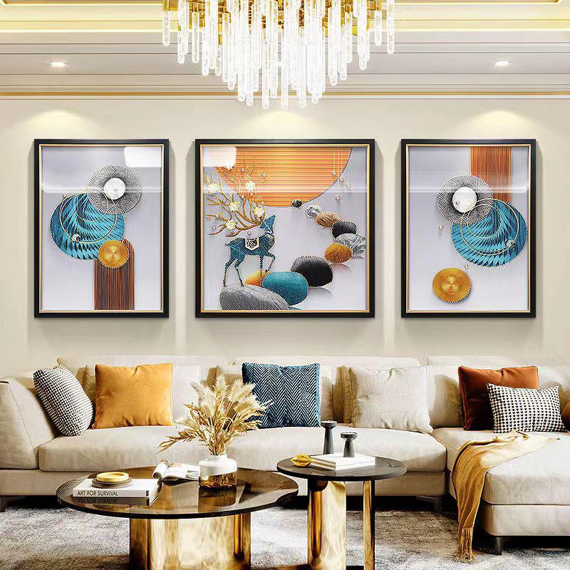 现代简约客厅装饰画高档沙发背景墙挂画轻奢手工立体实物三联画鹿
