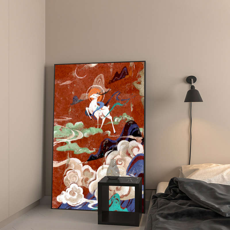 新中式玄关装饰画寓意好的过道走廊敦煌壁画红色艺术客厅挂画福鹿