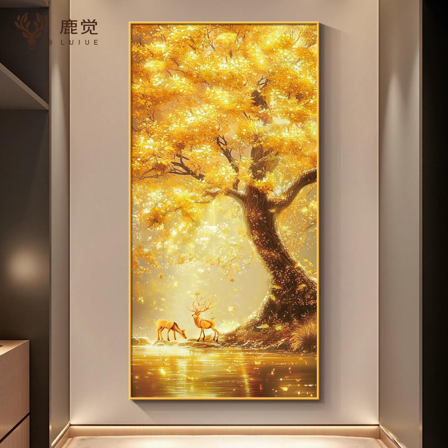 玄关轻奢风格装饰画 走廊过道福禄聚财挂画 高级感喷绘壁画设计