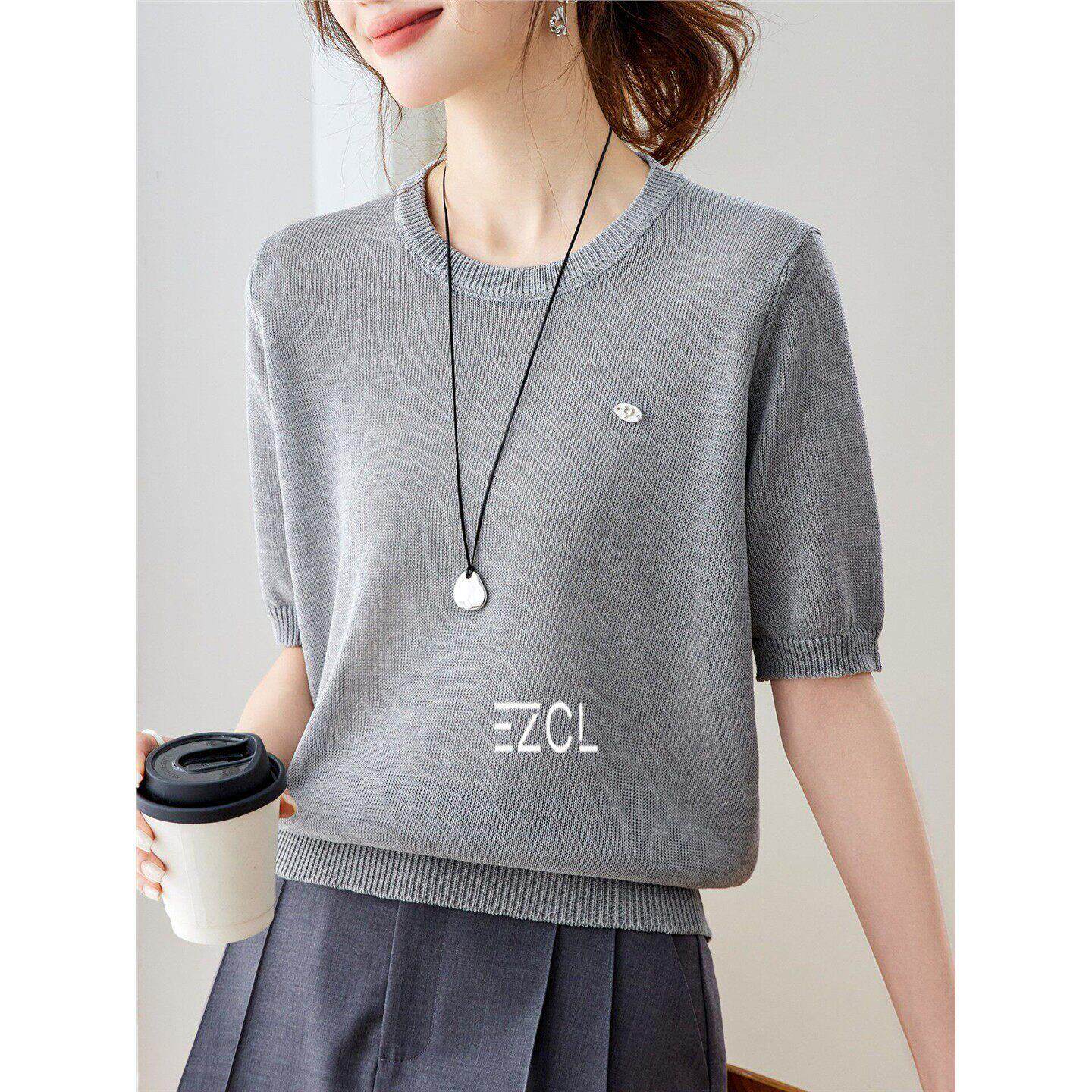 EZCL 2026新款时尚显瘦针织短袖t恤女夏季薄款冰丝针织衫女装上衣