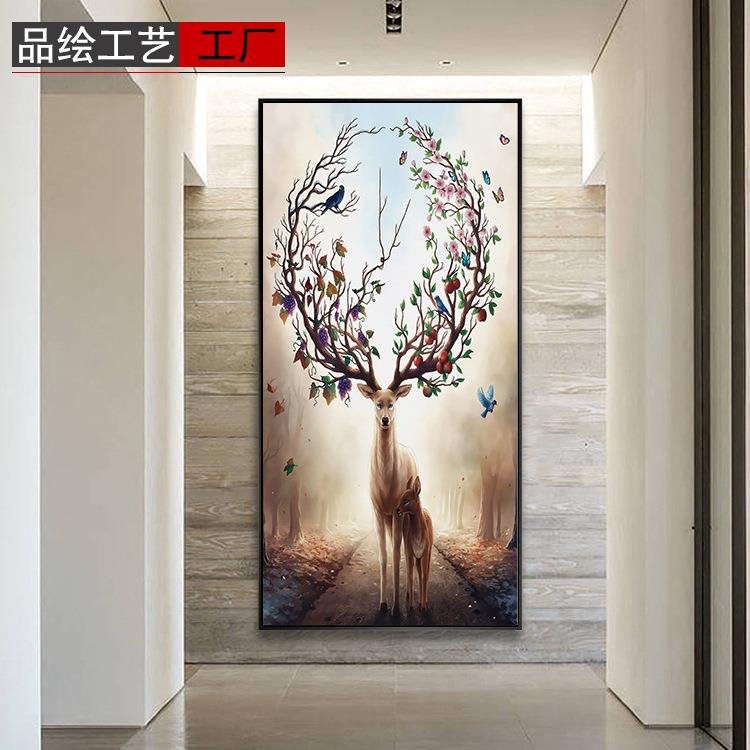 北欧E-9006油画麋鹿玄关装饰画代简现约过道走廊竖挂版墙画客厅背