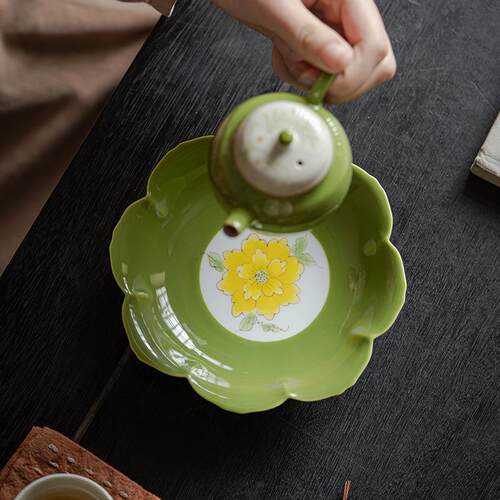 九匠风 纯手绘花瓣壶承 家用陶瓷养壶垫盖碗茶托 茶道配件干泡盘