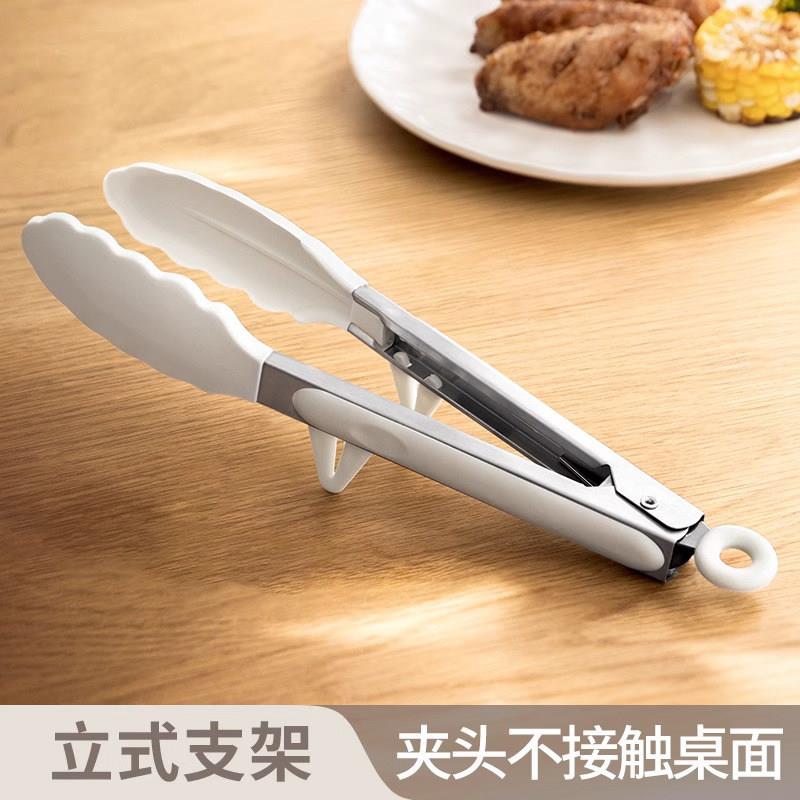矽胶食品夹不锈钢防烫防滑食物料理夹沙拉夹子烘焙烧烤夹奶白色
