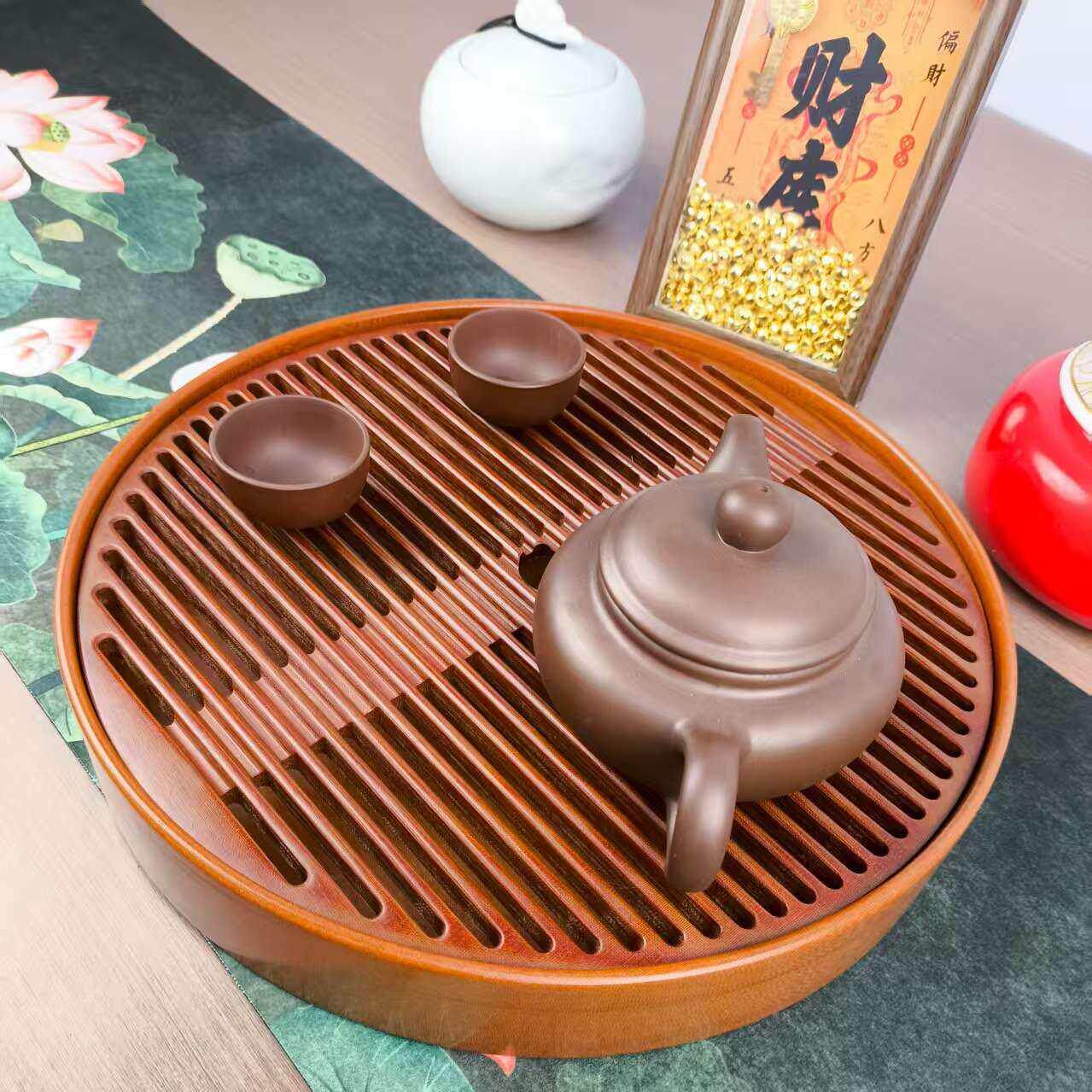 家用简约电木茶盘圆形干泡多功能茶盘双层储水功夫茶具电木茶托盘