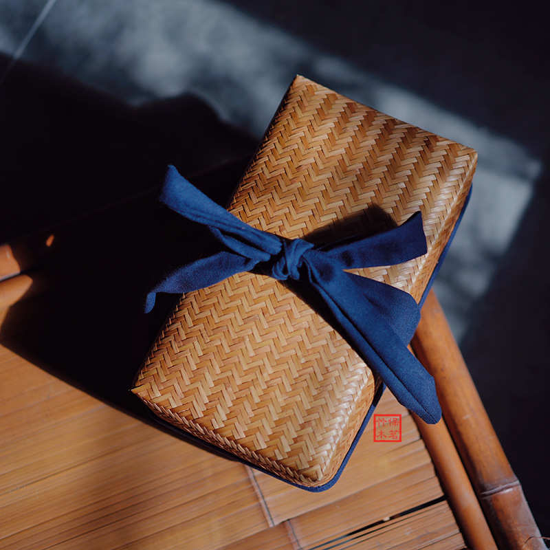 复古手工竹编茶道带盖收纳盒桌面整理盒旅行茶笼拍摄道具