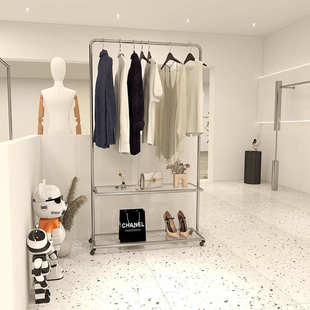 不锈钢移动带轮挂衣杆拍照架子女装店拍版橱窗架子落地式玻璃货架