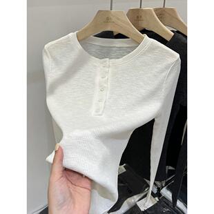 春秋冬紧身别致内搭衬衫 t恤2025新款 上衣 女式 白色半开领螺纹长袖