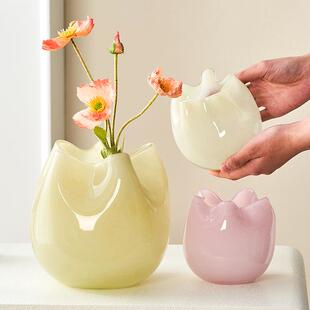 手工吹制玻璃花瓶奶黄色褶皱收口花瓶轻奢花器高级感客厅餐桌摆件