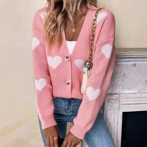 Women Heart Print Button Front Drop Shoulder Chic Cardigan