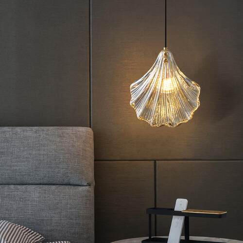 意式卧室床头小吊灯轻奢全铜现代大气单头吊线贝壳灯玄关吧台灯具
