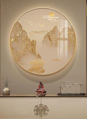 轻奢新中式玄关装饰画 画圆形山水灯光画 画餐客厅办公室靠山背景