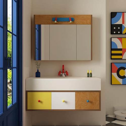 新款孟菲斯浴室柜中古风海洋板洗漱台卫生间洗手池岩板热弯一体盆