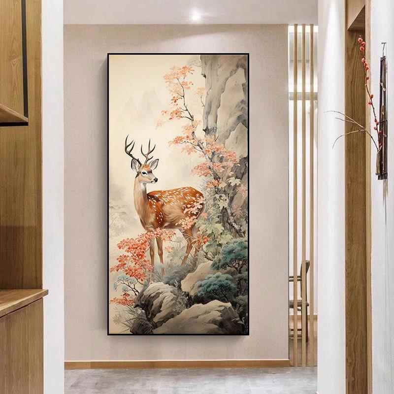 一路平安梅花鹿装饰画客厅新中式动物风景玄关小鹿挂画寓意好大气