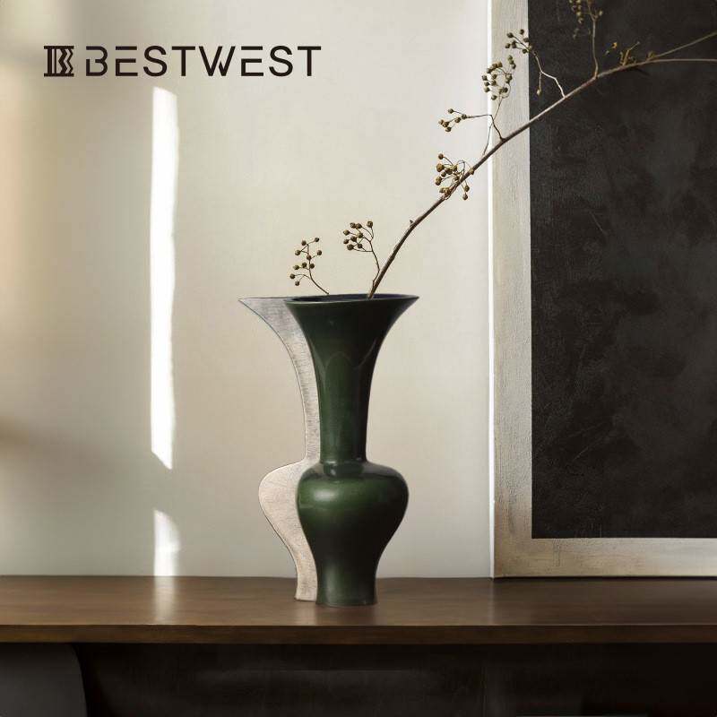 Best west 法式牛油果绿大肚细颈陶瓷花瓶摆件 轻奢家居艺术花器