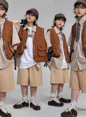 幼儿街舞嘻哈潮服六一儿童架子鼓表演服女孩hiphop套装工装马甲潮