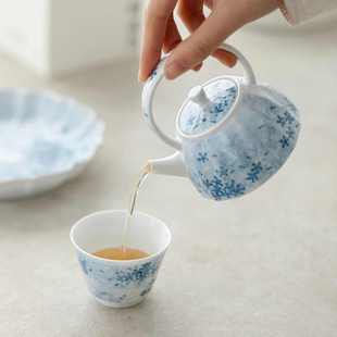 由至白瓷手绘蓝卉主人杯家用大号茶杯单杯功夫茶具品茗杯不烫手
