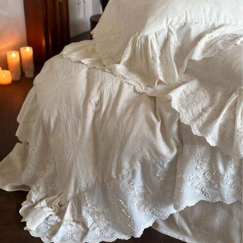 法式复古四件套纯棉全棉花边蕾丝亚麻4件套床上用品被套床单纯色