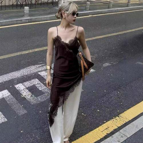 Fashion Lace Asymmetric Hem Thin Strap Dress, Lace Trim