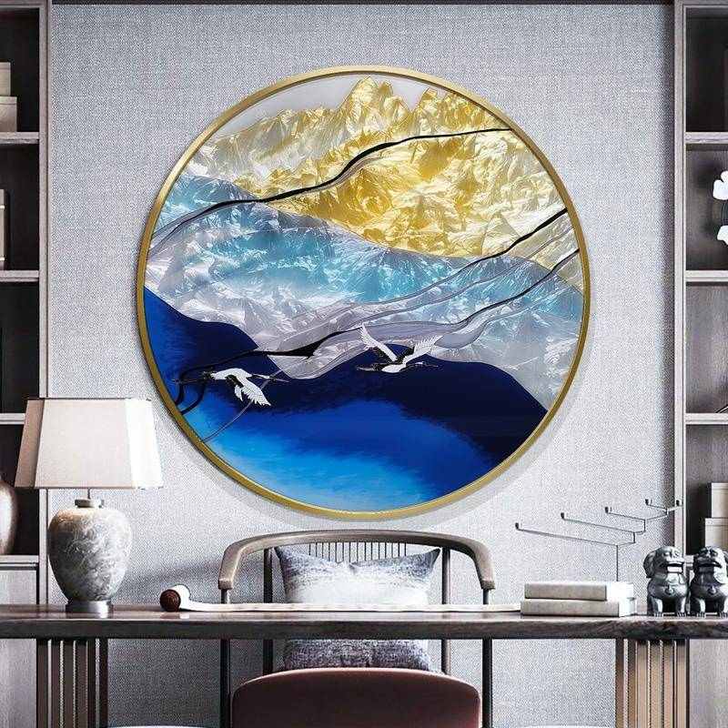 手绘珐琅彩装饰画入户玄关走廊圆形挂画餐厅画书房办公室背景墙画图片