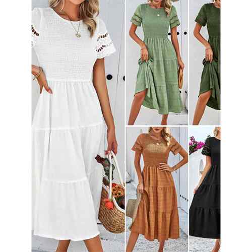 白裙连衣长裙Spring Short sleeved pleated white women dresses
