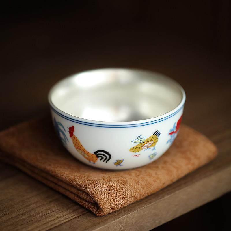 家用斗笠99银杯鎏银杯银子陶瓷茶杯主人杯品茗杯单杯建盏茶碗单杯
