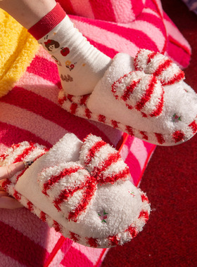 棉拖鞋女秋冬季2025新款蝴蝶结居家加绒加厚防滑情侣毛毛拖鞋男士