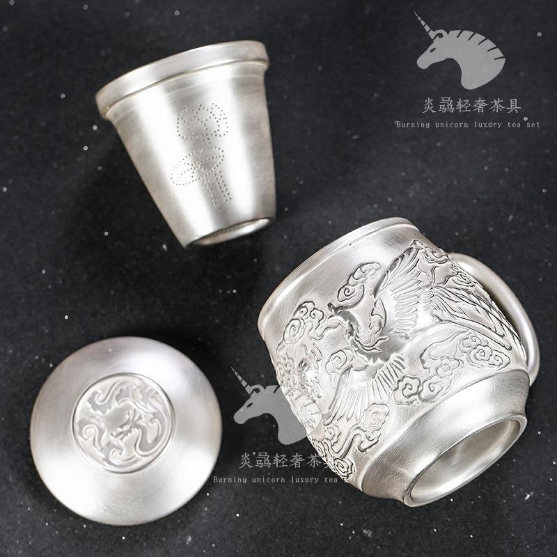 茶具礼品办公个人杯带过滤鎏银雪花真银茶杯茶水分离杯子大容量