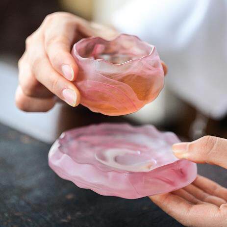 水晶玻璃茶杯主人杯功夫茶具品茗杯磨砂水墨粉色绿色茶杯杯垫茶具