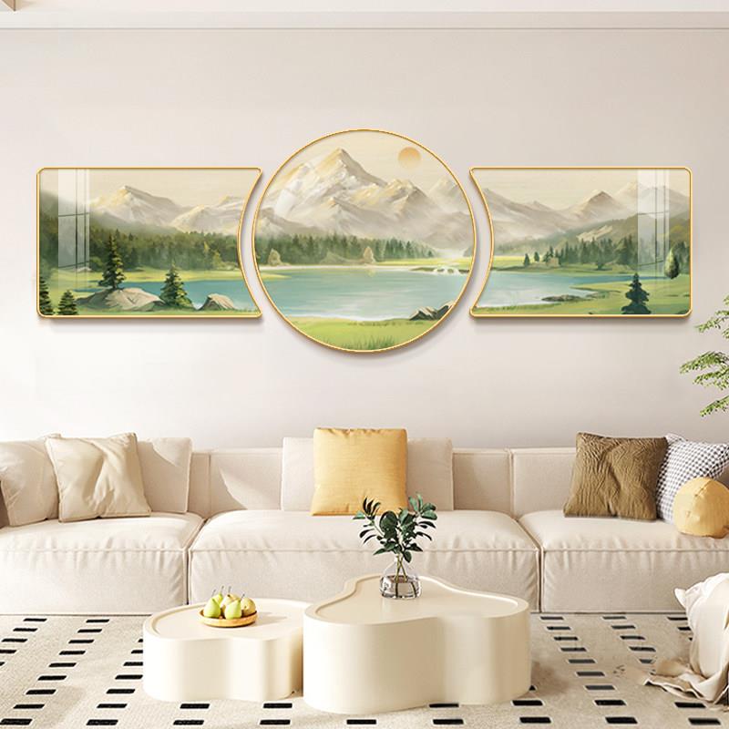 聚宝盆客厅装饰画 画北欧日照金山聚财山水风景三联画 画电视背景