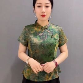 气质妈妈重磅真丝旗袍衫，夏季中老年时尚印花桑，蚕丝遮肉短款小上衣