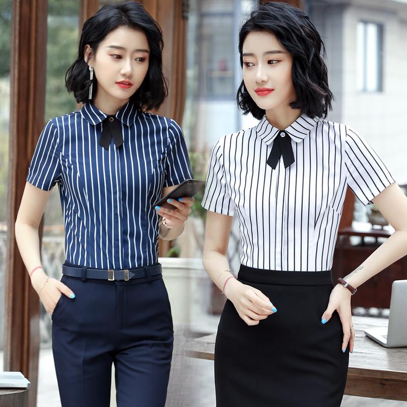 酒店服务员工作服春夏季短袖条纹衬衫女餐厅奶茶店咖啡厅工装